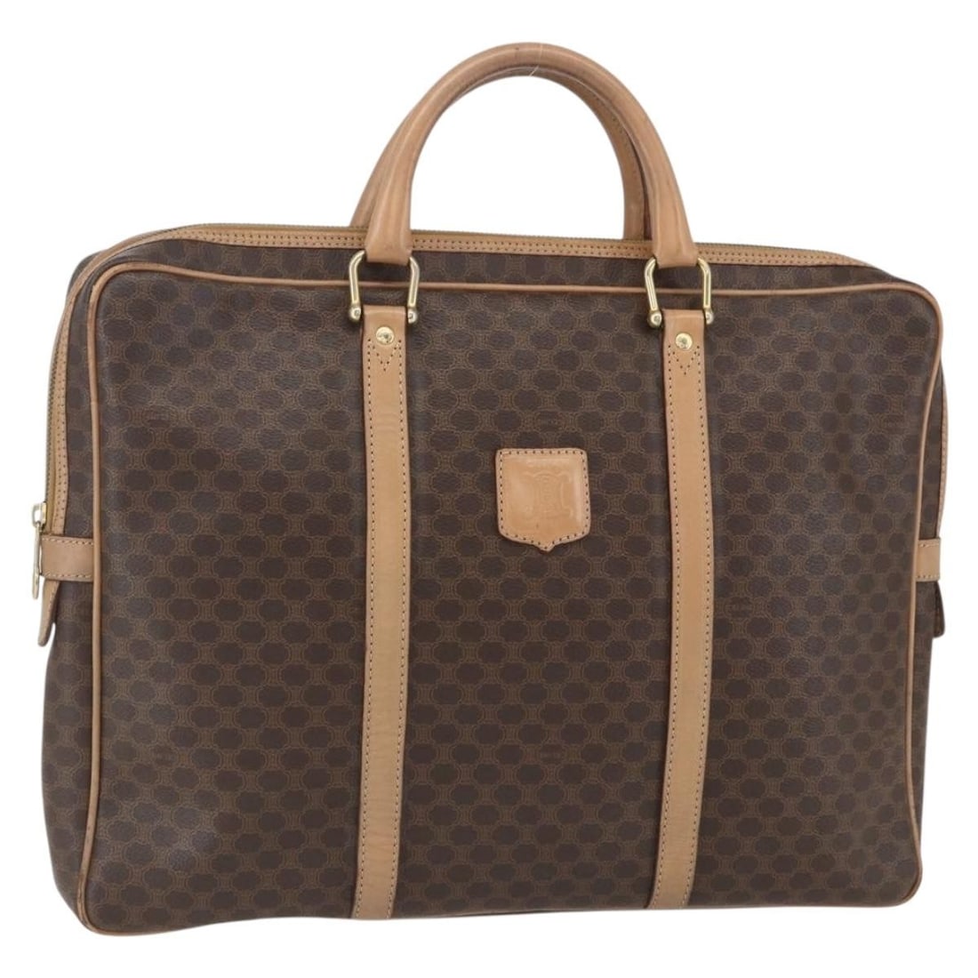 CELINE Macadam Canvas Brown Business Bag with PVC Leather Trim Gold Accents: CELINE Macadam Canvas Brown Business Bag with PVC Leather Trim Gold Accents This CELINE Macadam Canvas business bag features a durable brown PVC leather exterior with gold-tone accents. Made in Italy,