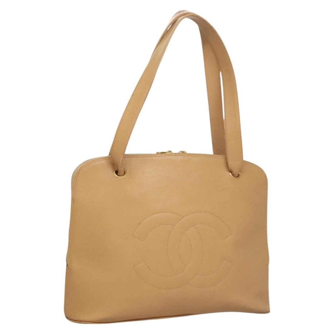 Beige Caviar Skin Chanel Shoulder Bag with CC Logo France: Beige Caviar Skin Chanel Shoulder Bag with CC Logo France This CHANEL shoulder bag features a beige caviar skin exterior with the iconic CC logo. Designed for women, the bag offers ample space and pra