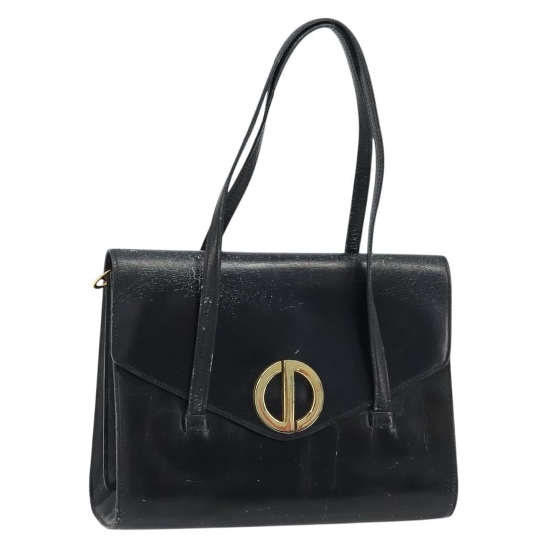Christian Dior Black Leather Handbag with Gold Tone Accents and Dust Bag: Christian Dior Black Leather Handbag with Gold Tone Accents and Dust Bag This Christian Dior handbag is crafted from black leather with gold-tone accents. Designed for women, the bag features a struct