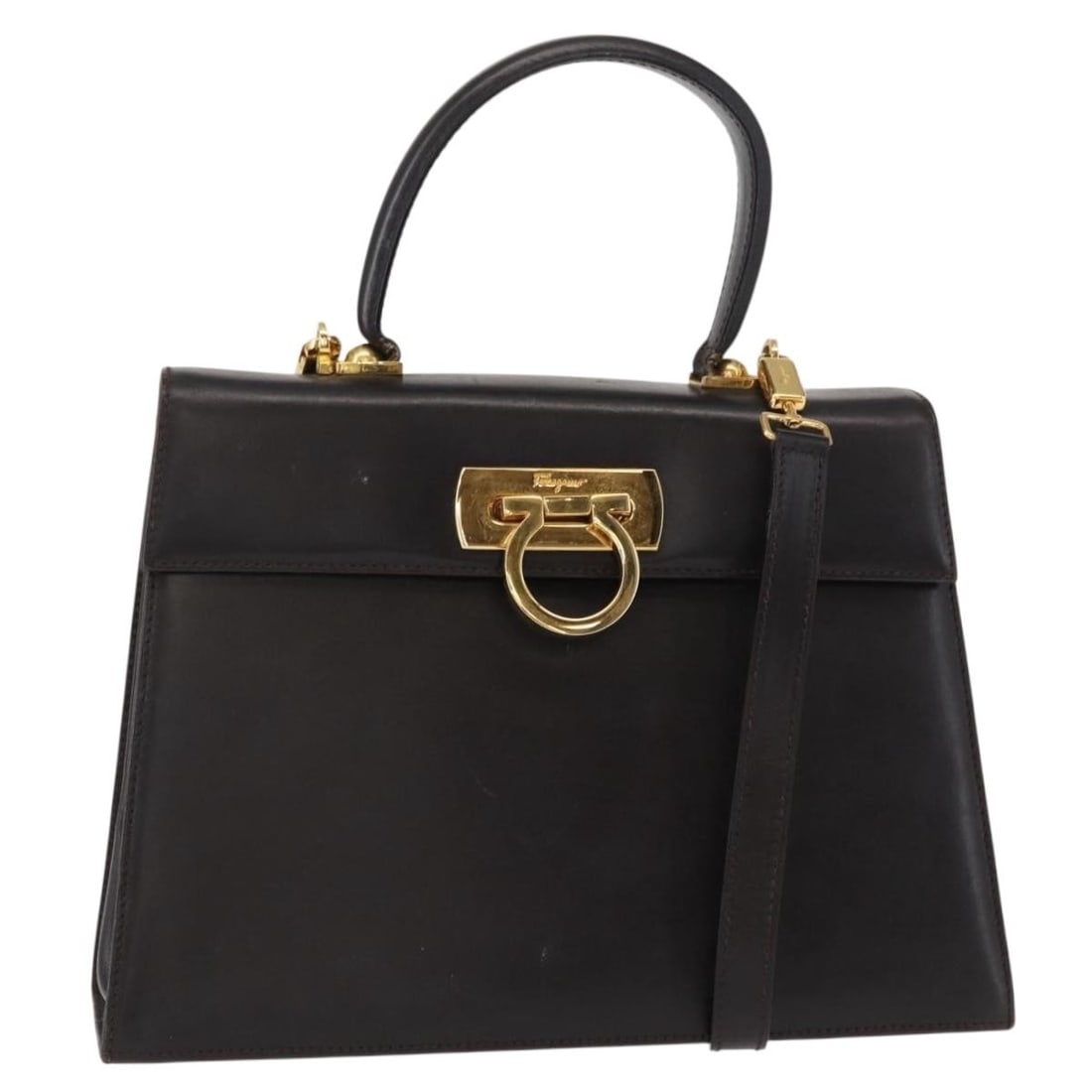 Salvatore Ferragamo Gancini Hand Bag Leather Dark Brown Gold Auth 153307 (1 of 18)