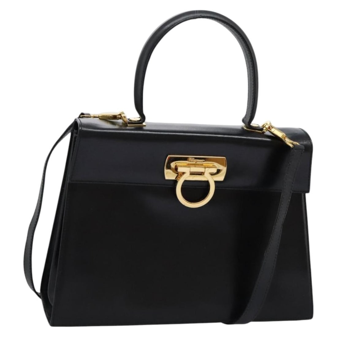 Salvatore Ferragamo Gancini Black Leather Convertible Handbag with Gold Accents: Salvatore Ferragamo Gancini Black Leather Convertible Handbag with Gold Accents This Salvatore Ferragamo Gancini handbag is crafted from black leather and features gold-tone accents. Designed for vers