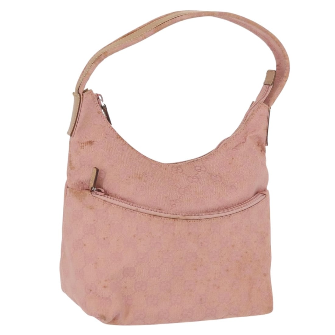 Gucci Pink GG Canvas 001 3386 Shoulder Bag with Silver Accents: Gucci Pink GG Canvas 001 3386 Shoulder Bag with Silver Accents This Gucci GG Canvas shoulder bag features a pink and silver colorway with GG monogram canvas exterior. Designed for women, the bag inclu