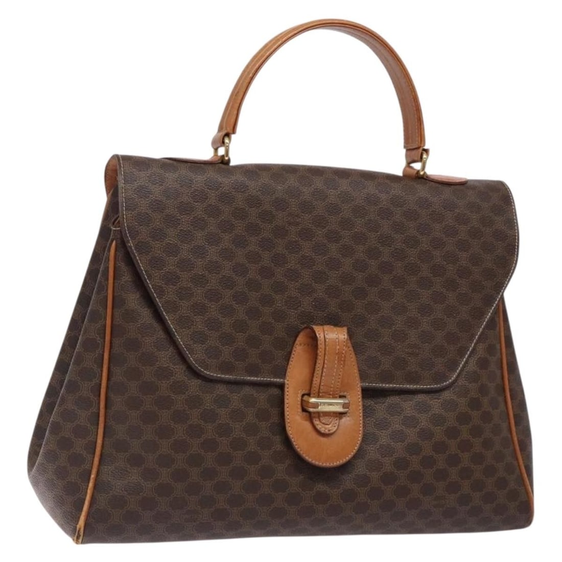 CELINE Macadam Canvas Hand Bag Brown Gold PVC Leather Italy: CELINE Macadam Canvas Hand Bag Brown Gold PVC Leather Italy This CELINE Macadam Canvas Hand Bag showcases a unique blend of PVC leather and Macadam canvas in an elegant brown and gold color scheme. Wi