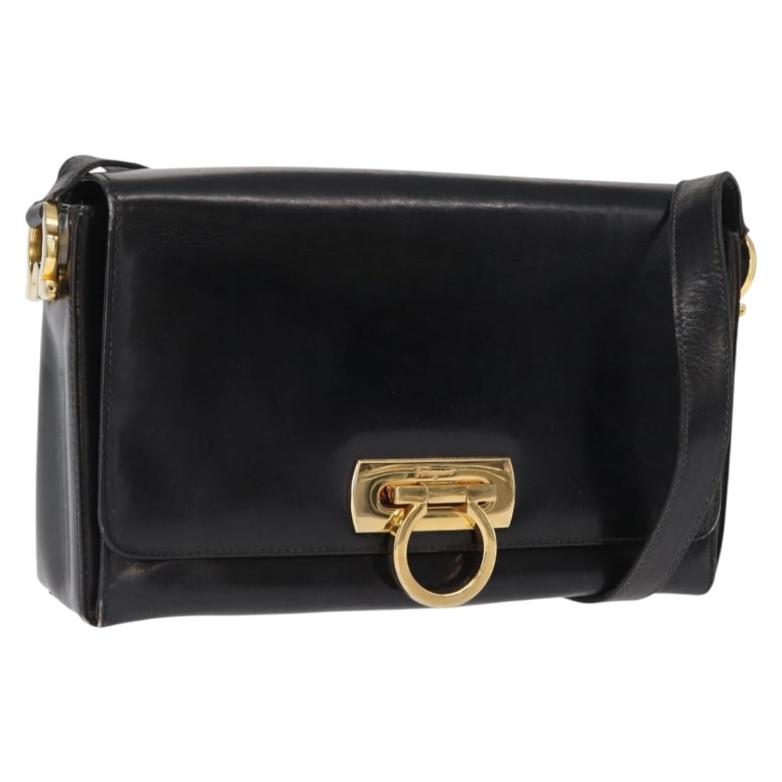 Ferragamo Gancini Leather Shoulder Bag Black and Gold Italy (1 of 18)