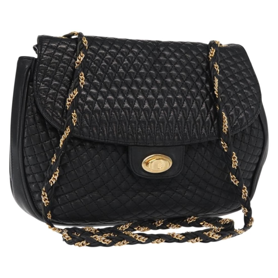 Bally Black Leather Shoulder Bag with Gold Chain Strap Italy: Bally Black Leather Shoulder Bag with Gold Chain Strap Italy This Bally chain shoulder bag is crafted from black leather with gold-tone accents. Made in Italy, it features a structured silhouette with