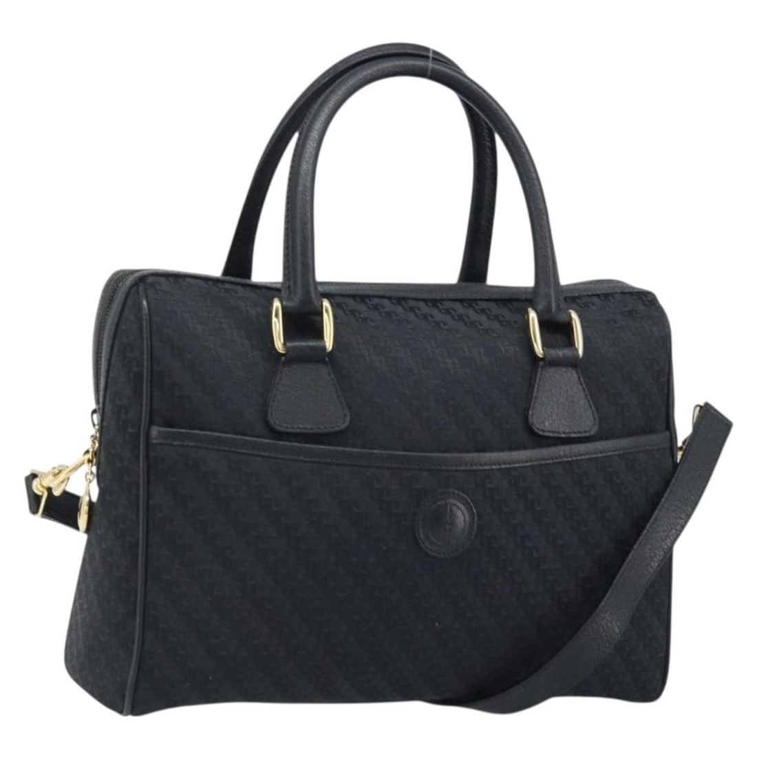 Black Canvas Gucci 2way Handbag with Gold Accents and Shoulder Strap: Black Canvas Gucci 2way Handbag with Gold Accents and Shoulder Strap This GUCCI 2-way handbag features a black and gold canvas exterior and comes with both a handle and a detachable shoulder strap for