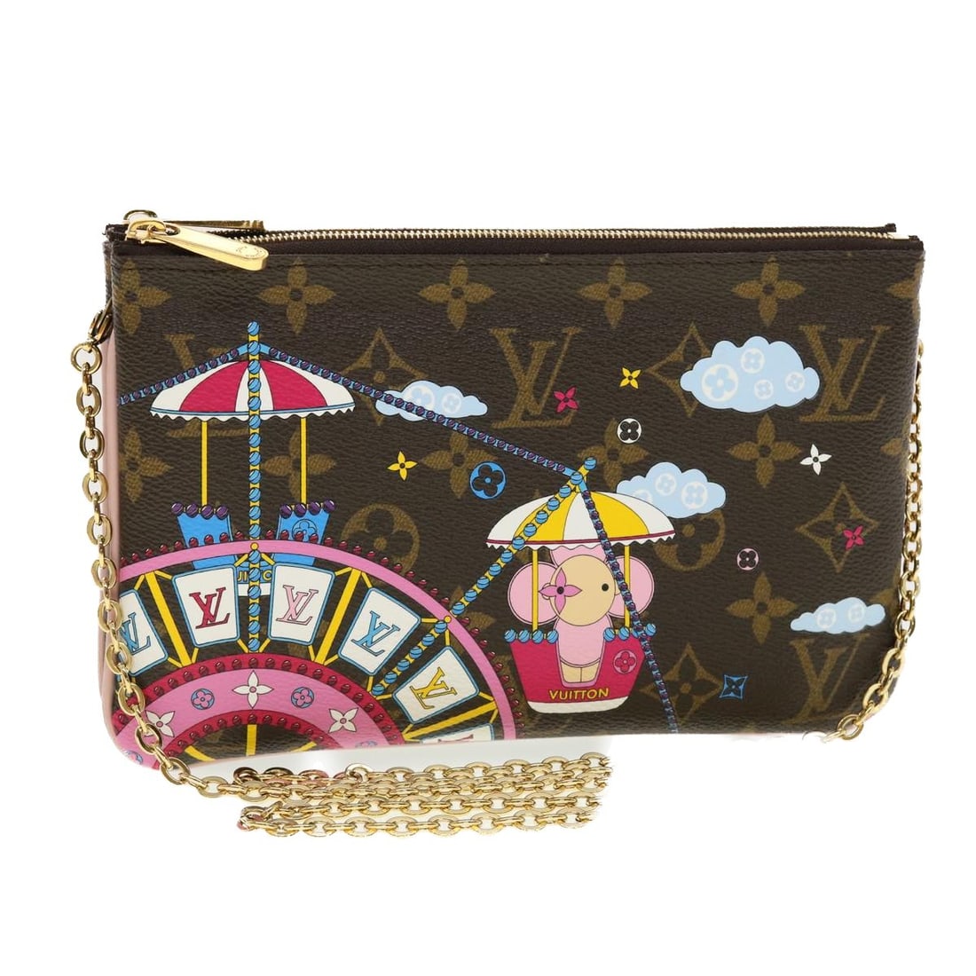 Vivienne Xmas Edition Double Zip Pochette by Louis Vuitton Canvas: Vivienne Xmas Edition Double Zip Pochette by Louis Vuitton Canvas This Louis Vuitton Double Zip Pochette is a limited edition Vivienne Xmas model crafted in monogram canvas. Designed for women, it fea