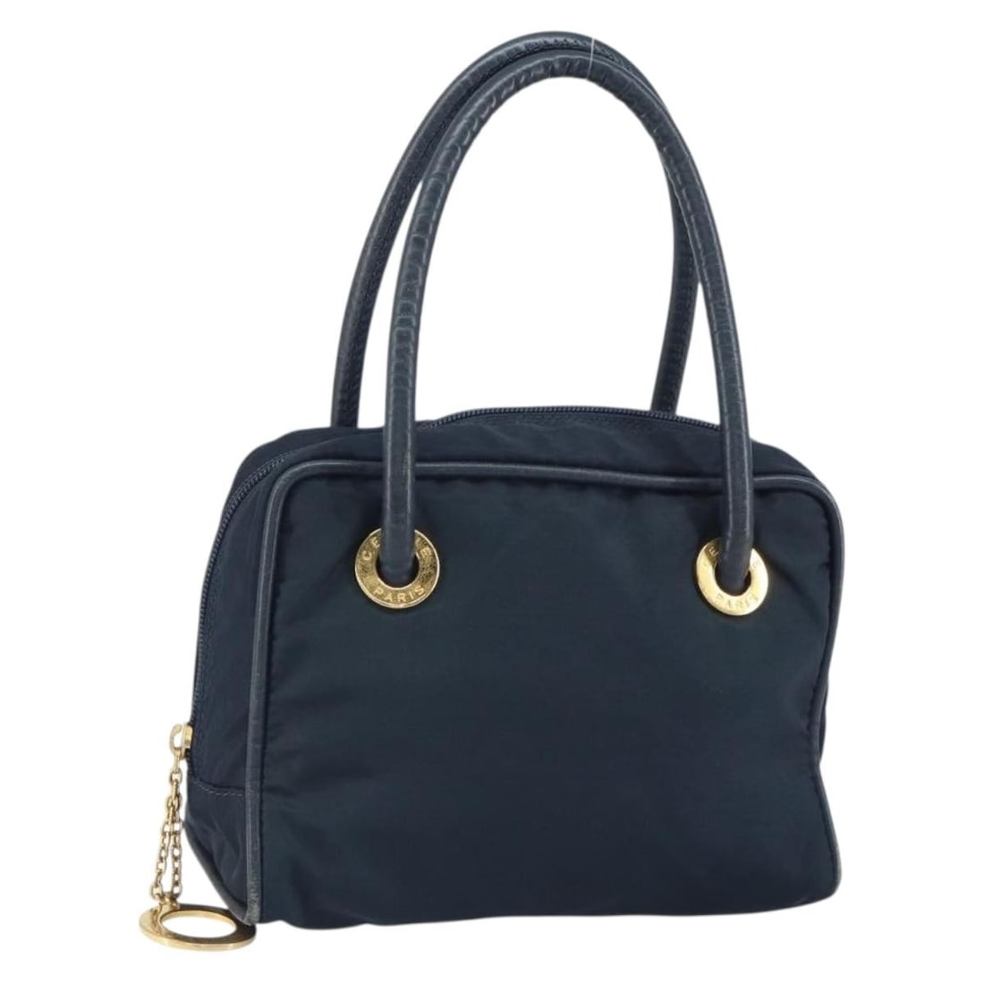 Celine Navy Nylon Circle Handbag with Gold Accents: Celine Navy Nylon Circle Handbag with Gold Accents This is a Celine circle handbag crafted from navy nylon with gold-tone accents. The bag features a compact silhouette and is made in Italy. It includ