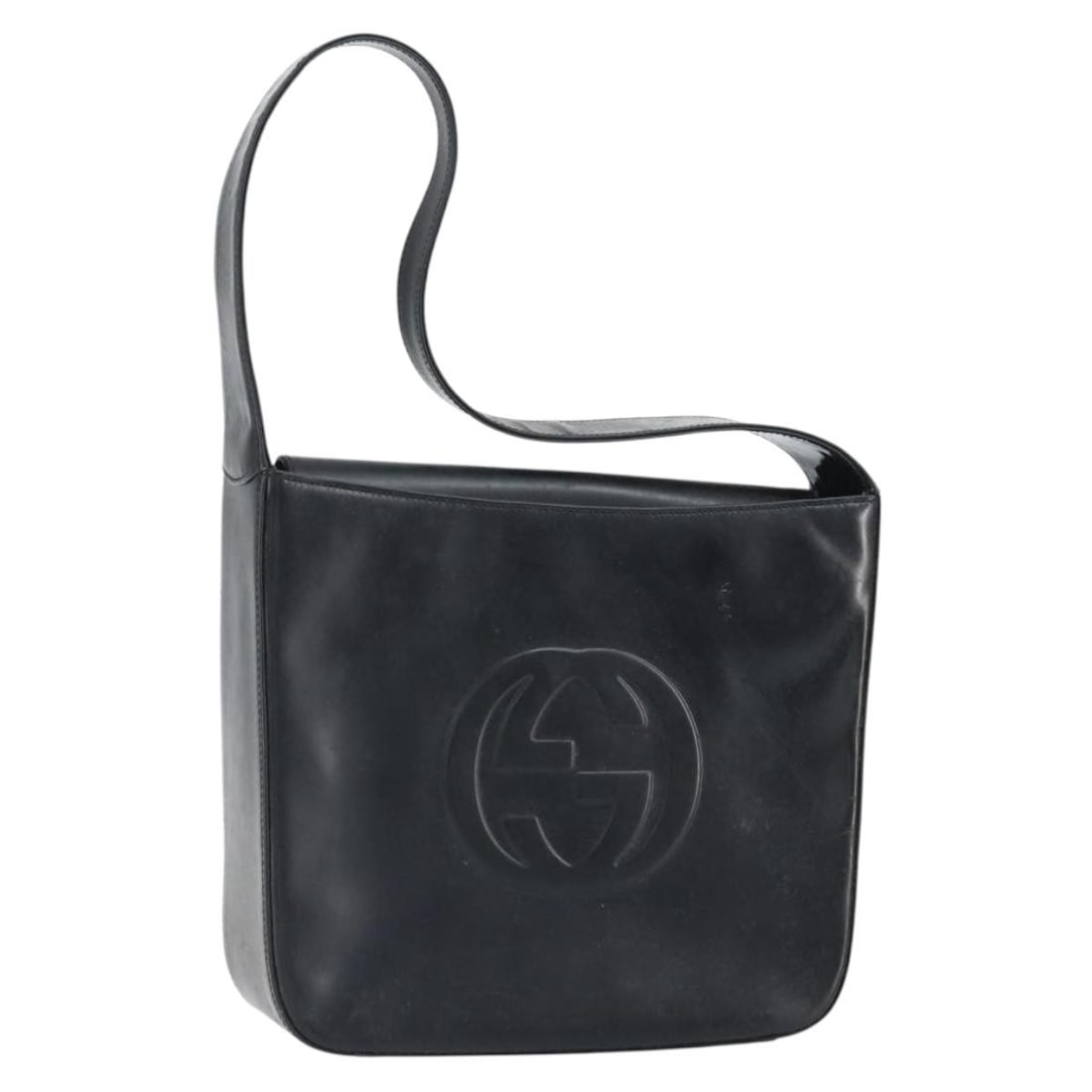 Black Enamel GUCCI 000 0506 Shoulder Bag Italy: Black Enamel GUCCI 000 0506 Shoulder Bag Italy This is a black enamel GUCCI shoulder bag made in Italy, featuring a structured silhouette with approximate dimensions of 26cm width, 21cm height, and 7c