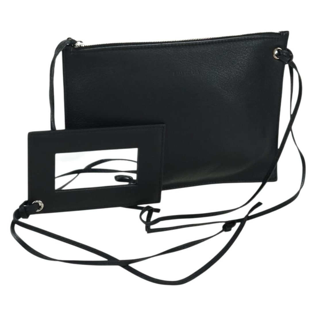Balenciaga Black Leather Clutch with Silver Accents and Mirror: Balenciaga Black Leather Clutch with Silver Accents and Mirror This Balenciaga clutch bag features a black and silver leather exterior with a sleek, compact design. Crafted in Italy for women, it incl