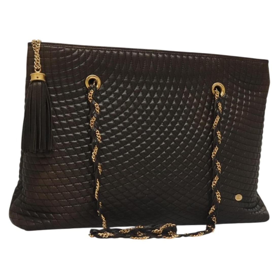 BALLY Dark Brown Leather Quilted Chain Shoulder Bag Gold Accents Made in Italy BA4324: BALLY Dark Brown Leather Quilted Chain Shoulder Bag Gold Accents Made in Italy BA4324 This BALLY Quilted Chain Shoulder Bag is a sophisticated accessory crafted from premium leather in an elegant dark