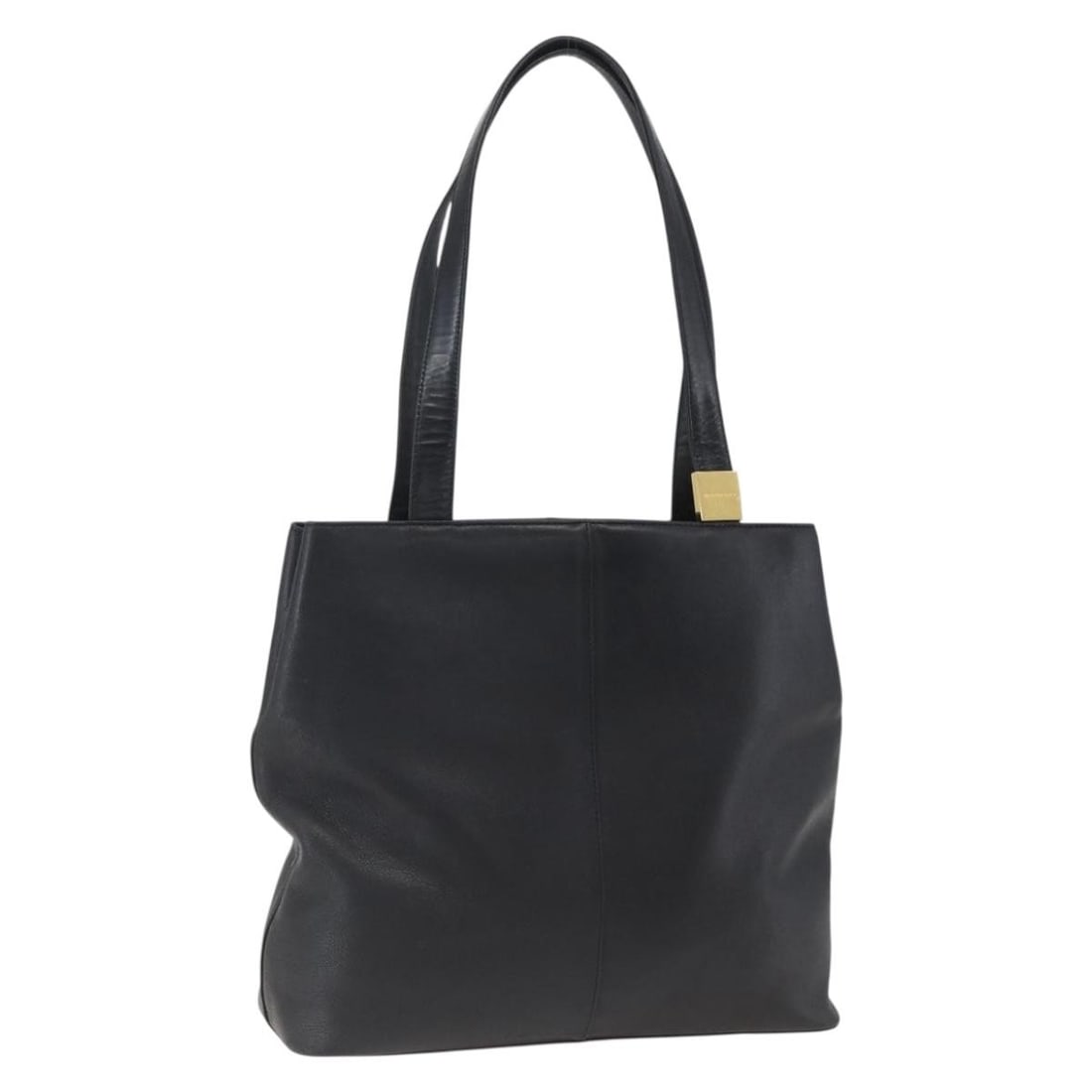 Black and Gold Leather Tote by Burberry with 11.4 Inch Height: Black and Gold Leather Tote by Burberry with 11.4 Inch Height This is a Burberry tote bag crafted from black leather with gold-tone accents. The bag features dual handles with an approximate drop of 1