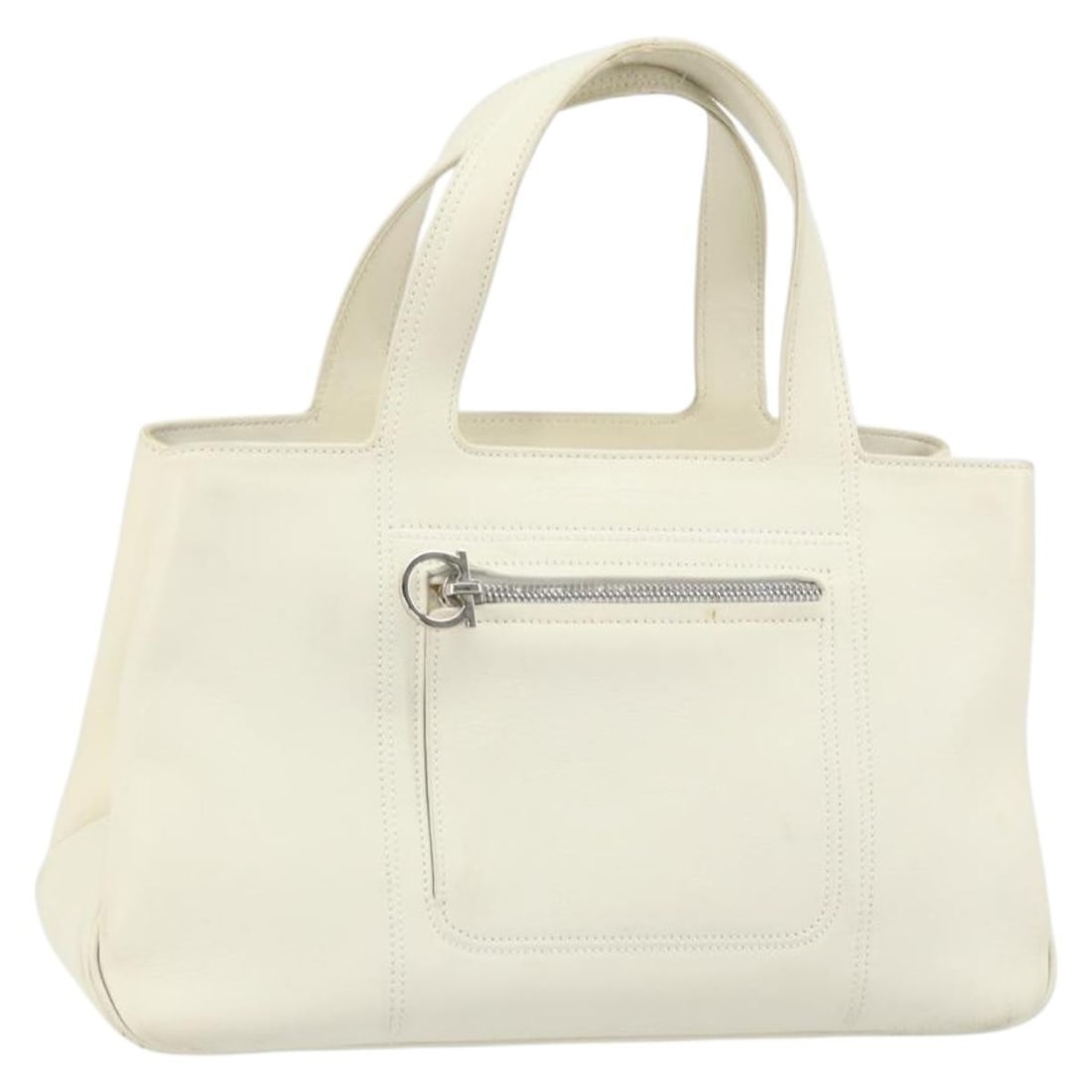 White Leather Handbag by Salvatore Ferragamo with Silver Accents: White Leather Handbag by Salvatore Ferragamo with Silver Accents This Salvatore Ferragamo handbag is crafted from white and silver leather. The bag features a structured silhouette with dual top handl