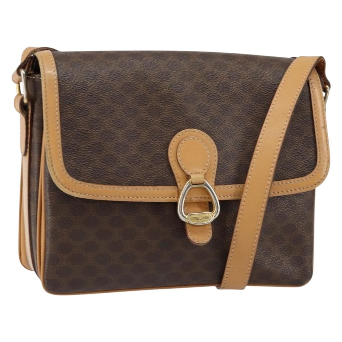 CELINE Brown Gold Macadam Canvas Shoulder Bag PVC Leather Auth (1 of 18)