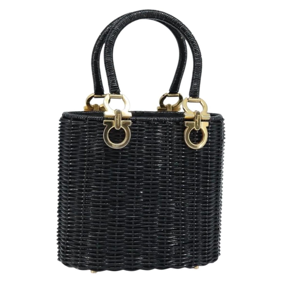 Salvatore Ferragamo Gancini Black Rattan Handbag with Gold Accents (1 of 18)