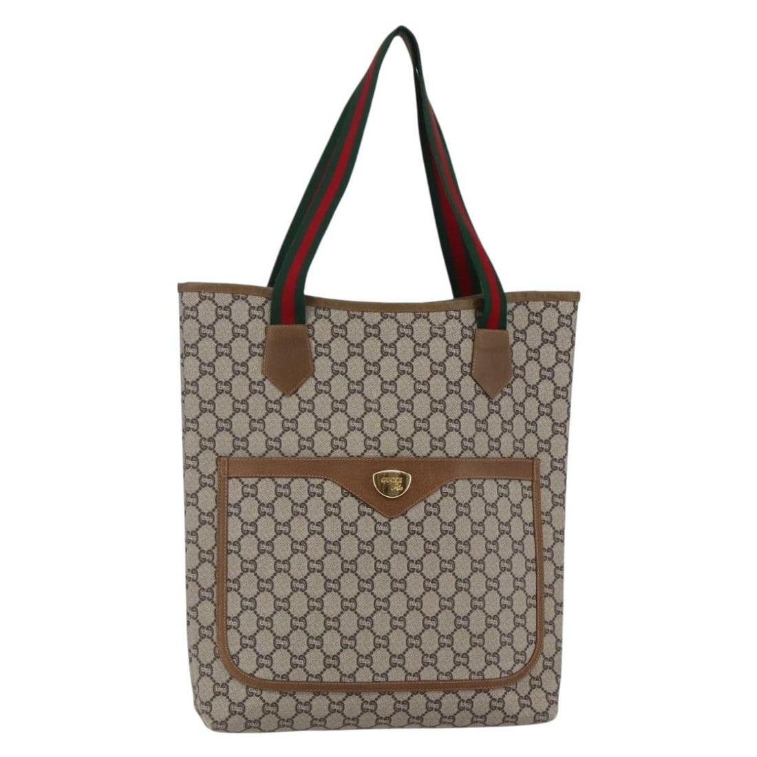 GUCCI GG Plus Supreme Tote Bag Beige Gold PVC Made in Italy: GUCCI GG Plus Supreme Tote Bag Beige Gold PVC Made in Italy This luxurious GUCCI GG Plus Supreme Web Sherry Line Tote Bag combines style and functionality, crafted in Italy from high-quality PVC leath