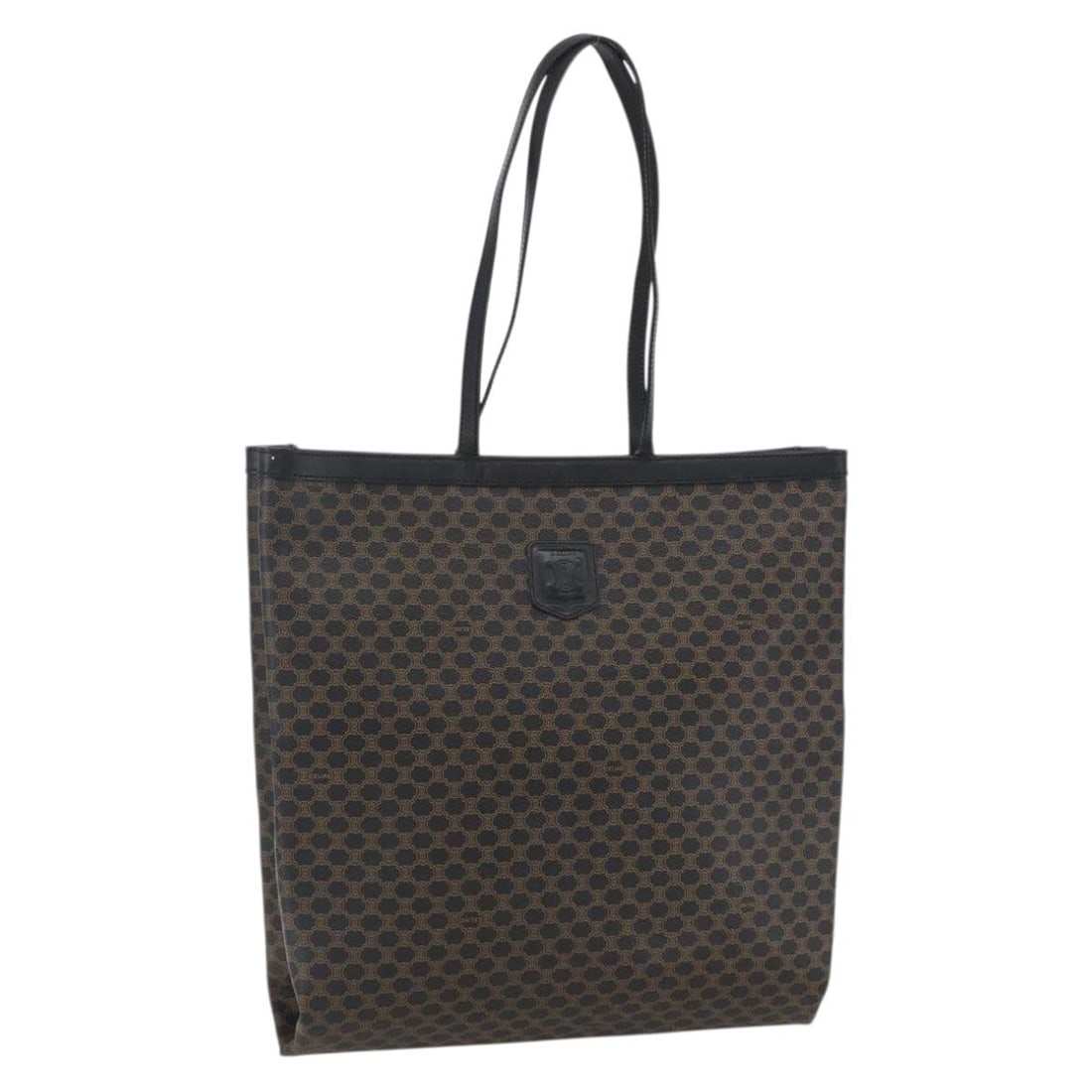 Celine Macadam Black PVC Leather Gold Tone Handbag from Italy: Celine Macadam Black PVC Leather Gold Tone Handbag from Italy This CELINE hand bag features the iconic Macadam canvas with PVC leather accents in black and gold tones. Made in Italy, the bag offers a