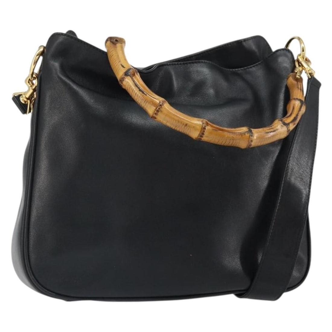 Gucci Black Leather Bamboo 2way Shoulder Bag with Gold Accents 001 2113 1638: Gucci Black Leather Bamboo 2way Shoulder Bag with Gold Accents 001 2113 1638 This GUCCI Bamboo shoulder bag is crafted from black leather with gold-tone accents and offers versatile 2-way carrying opt