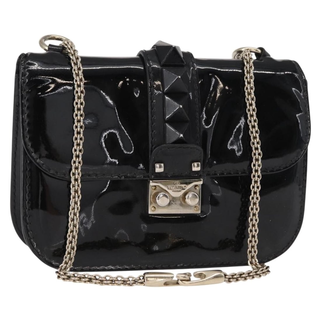 VALENTINO Black Silver Enamel Studs Chain Shoulder Bag Auth: VALENTINO Black Silver Enamel Studs Chain Shoulder Bag Auth This VALENTINO shoulder bag showcases a striking blend of enamel in black and silver. Crafted in Italy, this stylish accessory features a he