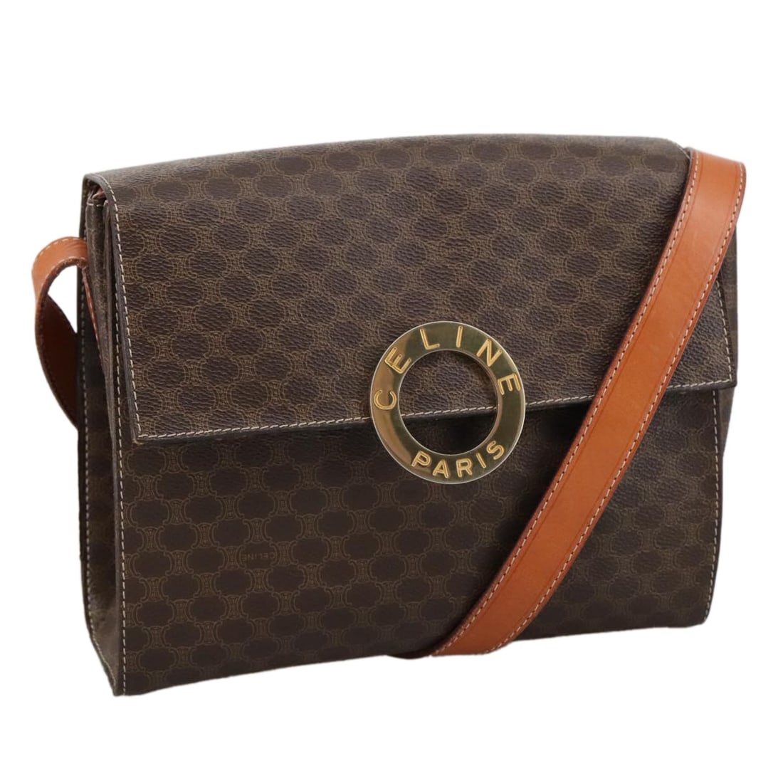 CELINE Brown PVC Leather Macadam Shoulder Bag Gold Accents Italy: CELINE Brown PVC Leather Macadam Shoulder Bag Gold Accents Italy This Celine Macadam Canvas Shoulder Bag combines style and functionality, featuring a sophisticated brown PVC leather exterior with gol