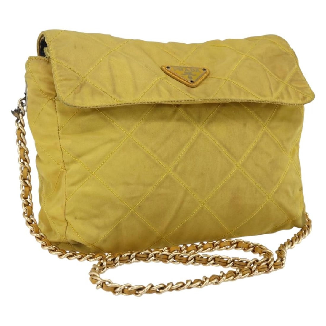 Yellow Nylon PRADA Shoulder Bag with Chain Strap: Yellow Nylon PRADA Shoulder Bag with Chain Strap This PRADA chain shoulder bag features a durable nylon exterior in a striking yellow and gold color combination. Made in Italy, the bag offers a stylis