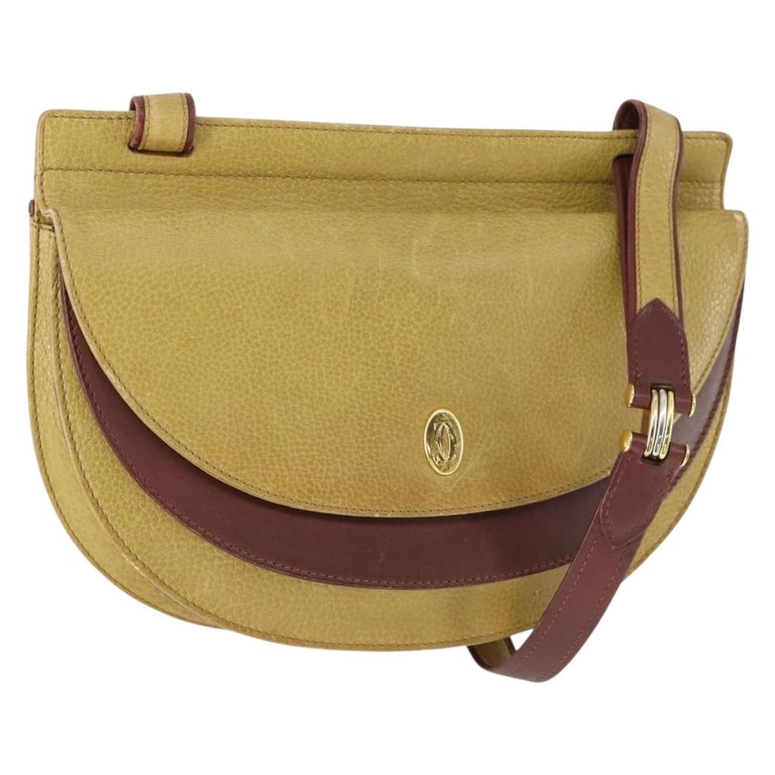 Cartier Must Line Yellow Leather Shoulder Bag Gold Tone Accents: Cartier Must Line Yellow Leather Shoulder Bag Gold Tone Accents This Cartier Must Line shoulder bag is crafted from yellow and gold leather, designed for women. The bag features a structured silhouett