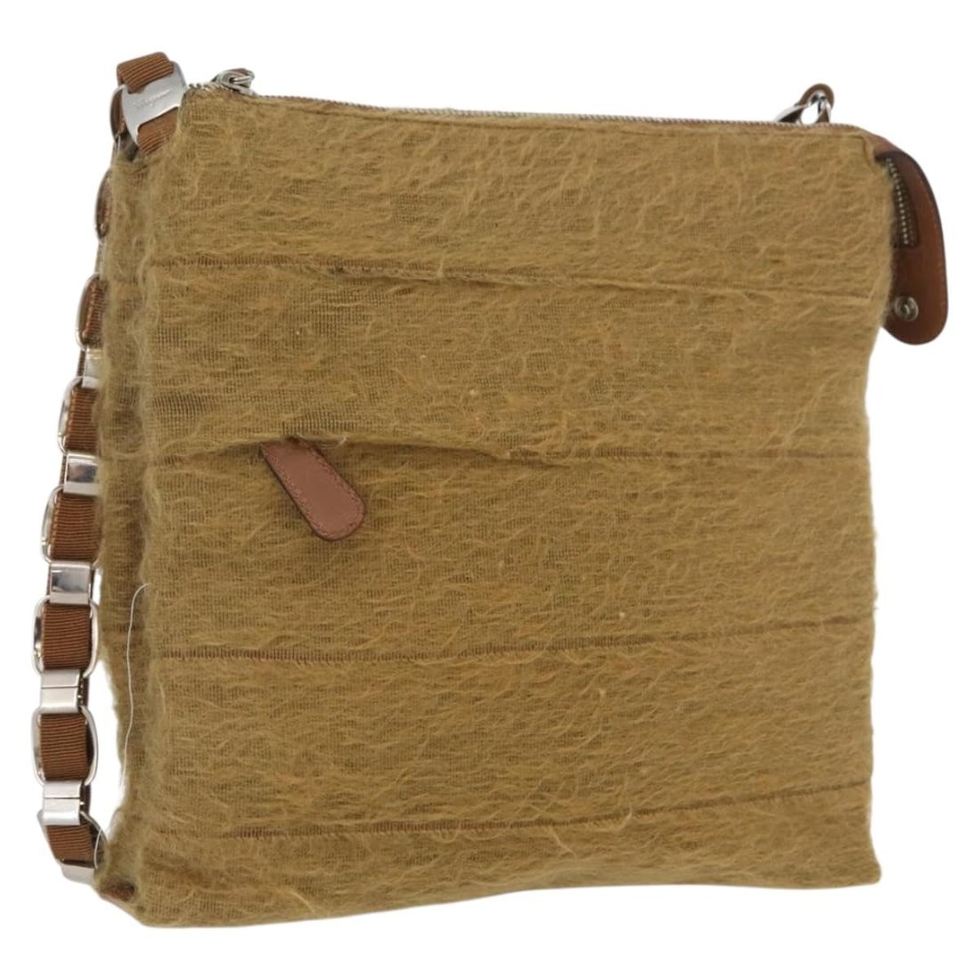 Khaki Cotton Shoulder Bag by Salvatore Ferragamo with Silver Accents: Khaki Cotton Shoulder Bag by Salvatore Ferragamo with Silver Accents This Salvatore Ferragamo shoulder bag features a khaki and silver exterior crafted from cotton, designed for everyday use. The bag