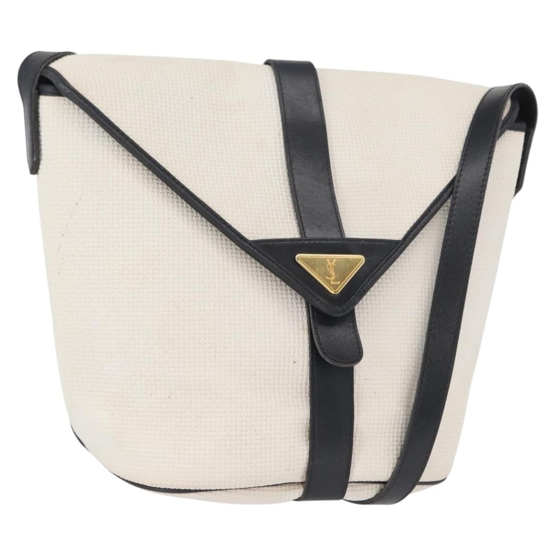 White and Gold SAINT LAURENT Coated Canvas Shoulder Bag from France: White and Gold SAINT LAURENT Coated Canvas Shoulder Bag from France This SAINT LAURENT shoulder bag features a white and gold coated canvas exterior and is made in France. The bag is designed with a p