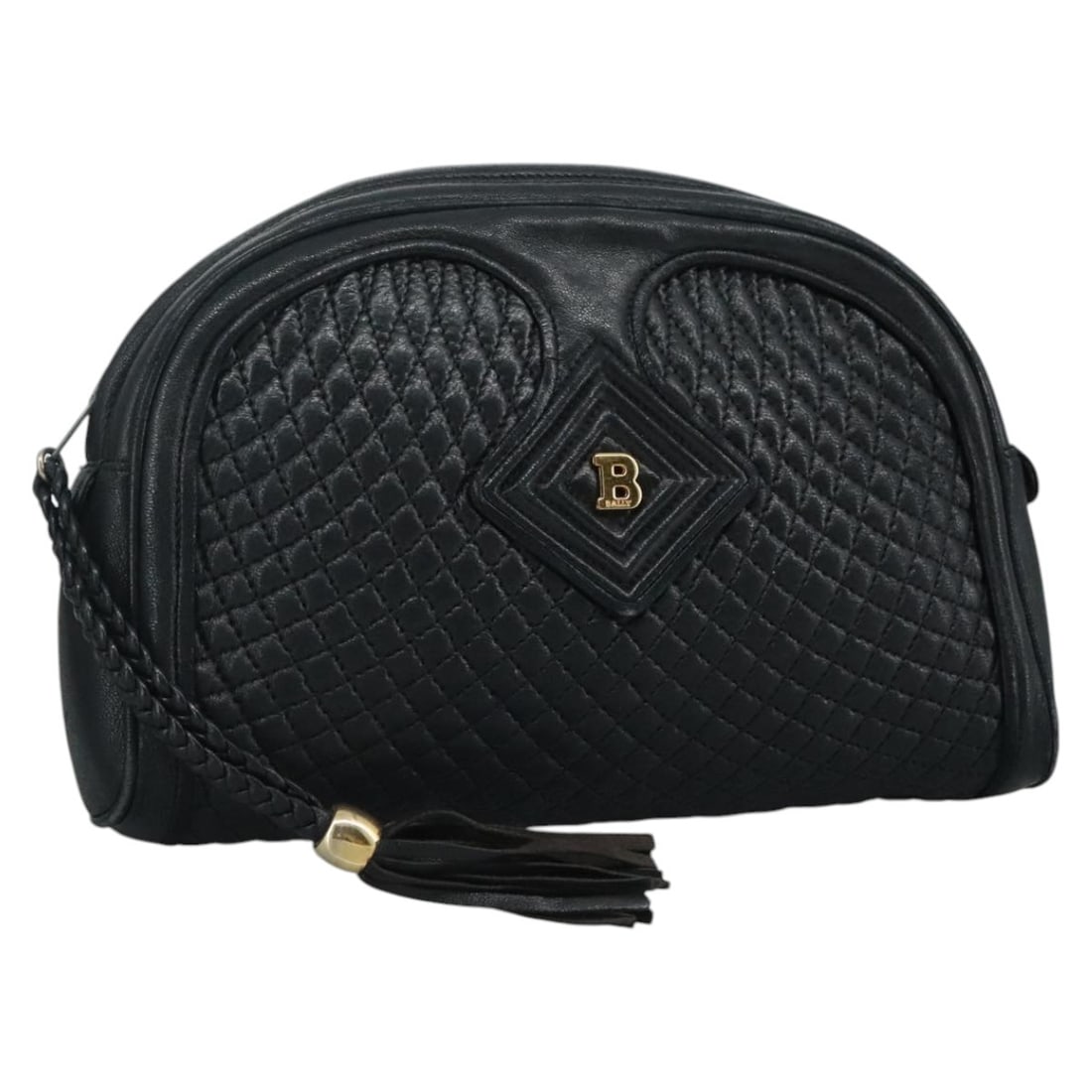 Bally Black Leather Clutch Bag with Gold Accents: Bally Black Leather Clutch Bag with Gold Accents This BALLY clutch bag features a black and gold leather exterior, designed for women. The bag is heavily used, with signs of wear including out-of-shap