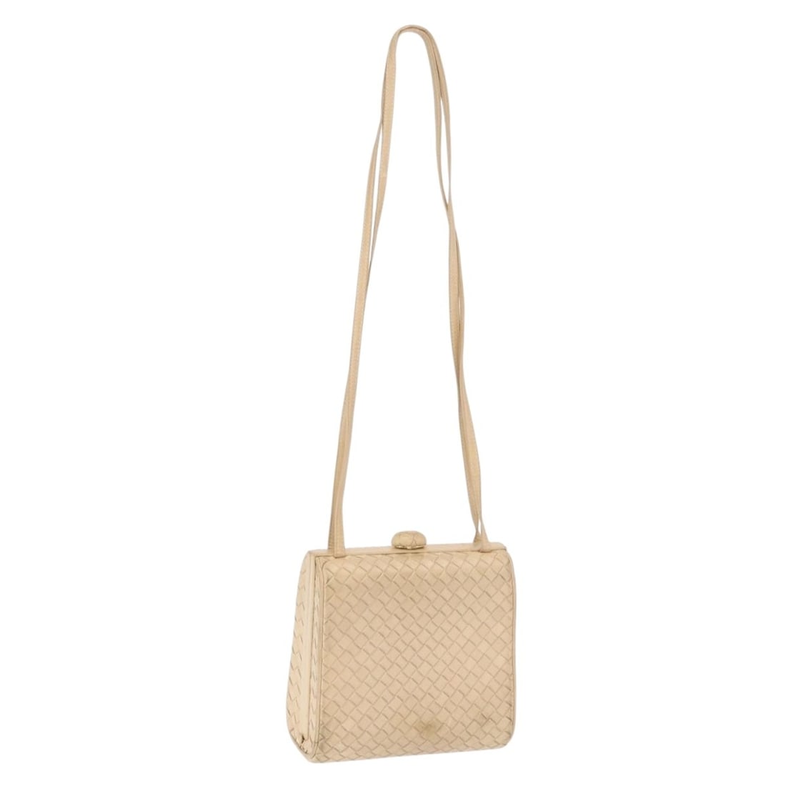 Beige and Gold Leather Intrecciato Shoulder Bag by Bottega Veneta: Beige and Gold Leather Intrecciato Shoulder Bag by Bottega Veneta This Bottega Veneta Intrecciato shoulder bag features a beige and gold leather exterior with a compact and versatile design. Crafted i