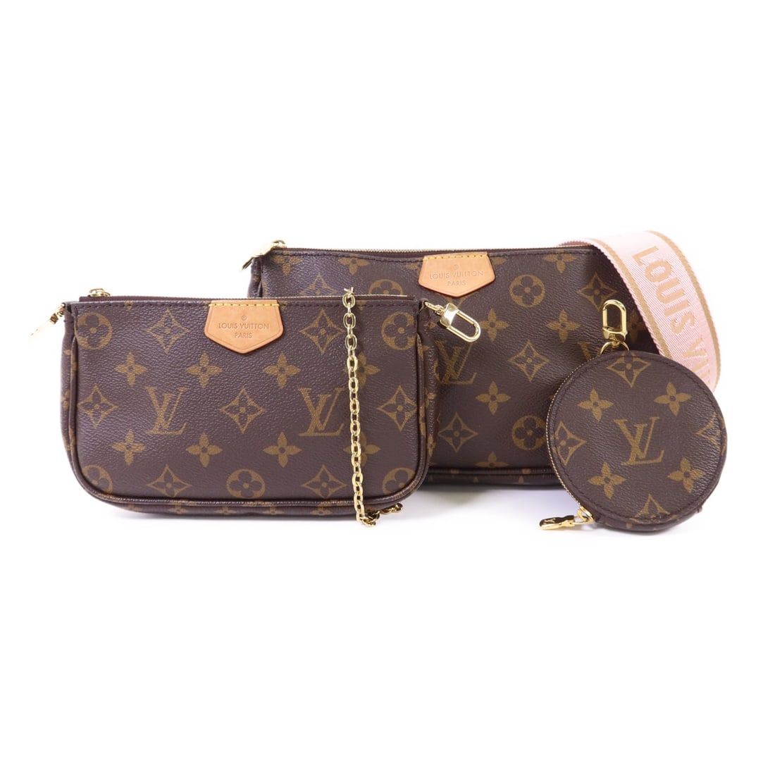 Louis Vuitton Multi Pochette Monogram Shoulder Bag M44840 with Pink Strap: Louis Vuitton Multi Pochette Monogram Shoulder Bag M44840 with Pink Strap This Louis Vuitton Multi Pochette Accessories bag features the iconic monogram pattern in brown with a pink accent. Crafted fr