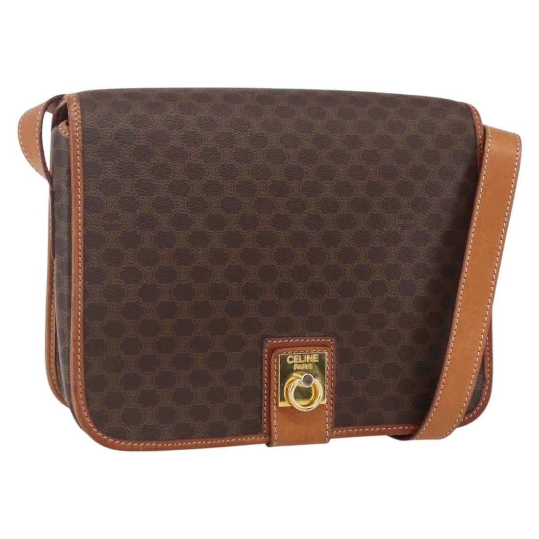 CELINE Macadam Brown Gold PVC Leather Shoulder Bag Auth 157767 Italy: CELINE Macadam Brown Gold PVC Leather Shoulder Bag Auth 157767 Italy This Celine Macadam Canvas Shoulder Bag combines elegance with practicality, crafted from durable PVC leather and adorned with a st