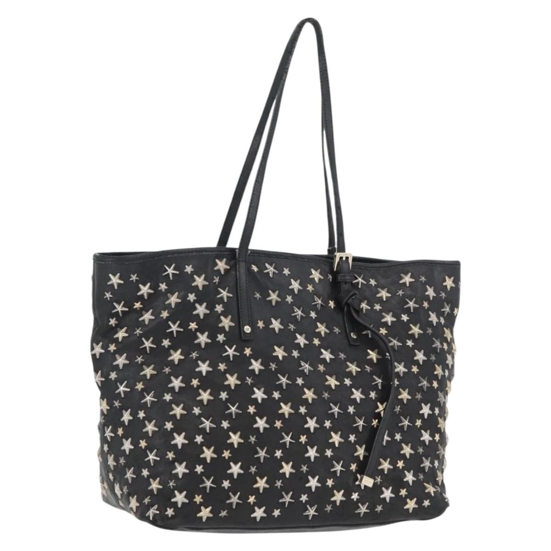 Jimmy Choo Black Leather Tote with Gold Accents Made in Italy: Jimmy Choo Black Leather Tote with Gold Accents Made in Italy This Jimmy Choo tote bag is crafted from black and gold leather, offering a spacious and practical design. Made in Italy, the bag features