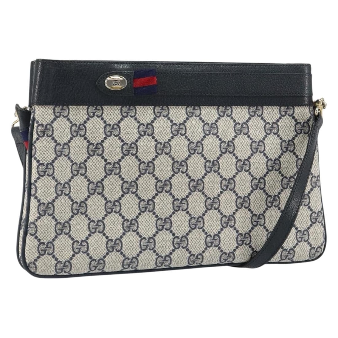 Gucci Navy GG Supreme PVC Sherry Line Shoulder Bag 904 02 035: Gucci Navy GG Supreme PVC Sherry Line Shoulder Bag 904 02 035 This is a GUCCI GG Supreme Sherry Line shoulder bag crafted from navy and gold PVC leather with GG canvas accents. Designed for women, it