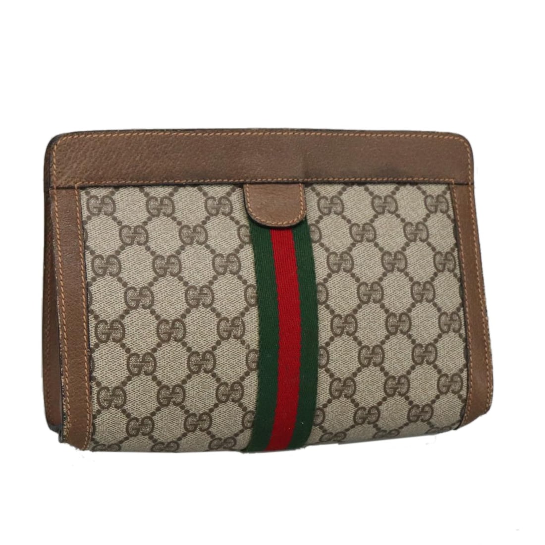Beige GG Supreme PVC Leather Clutch Bag by Gucci: Beige GG Supreme PVC Leather Clutch Bag by Gucci This is a Gucci GG Plus Supreme web sherry clutch bag designed for women, crafted from beige PVC leather with GG canvas accents. The bag features a com