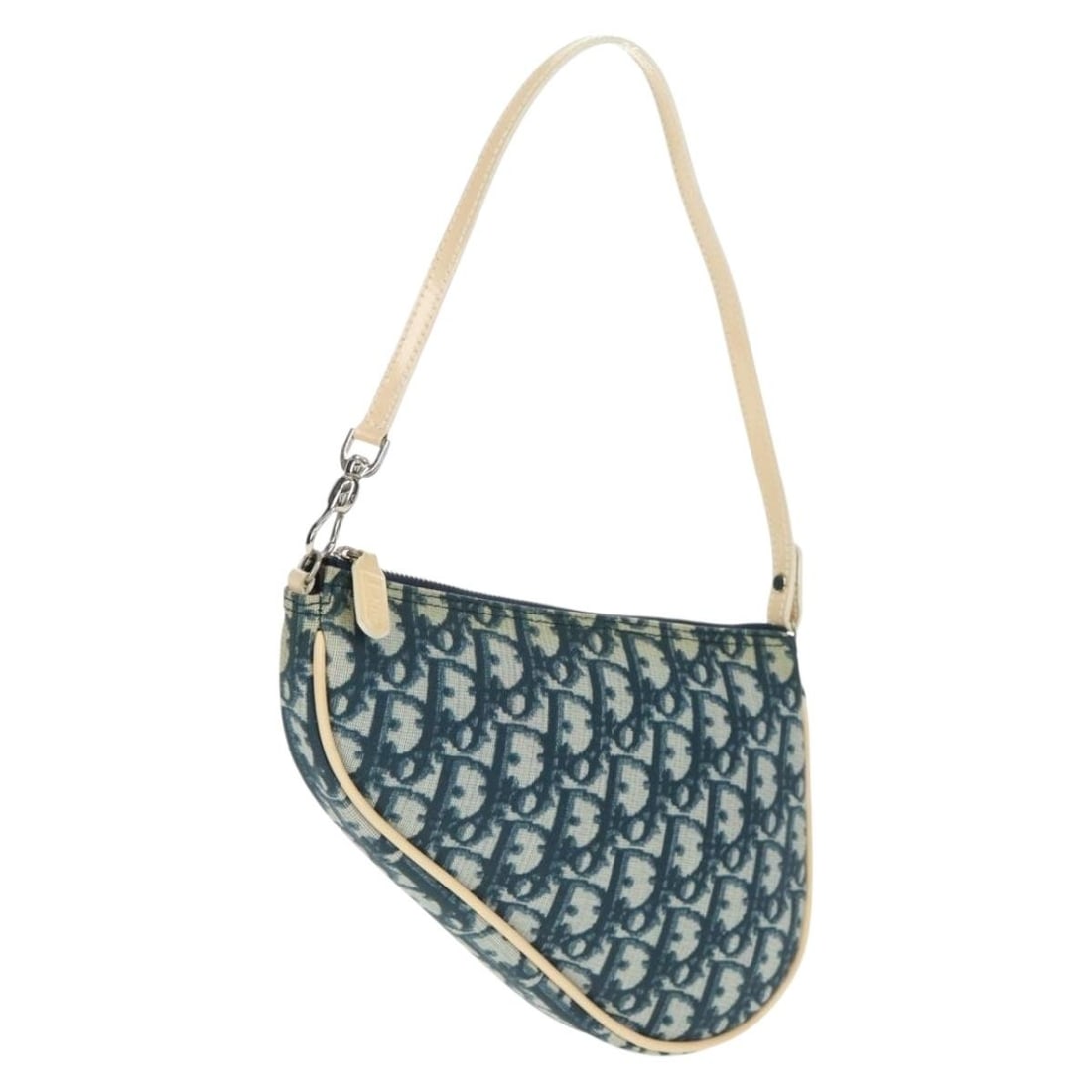 Christian Dior Blue Trotter Canvas Saddle Pouch with Dust Bag: Christian Dior Blue Trotter Canvas Saddle Pouch with Dust Bag This Christian Dior Trotter Canvas Saddle Pouch features a blue and silver exterior and is crafted from signature Trotter canvas. Designed