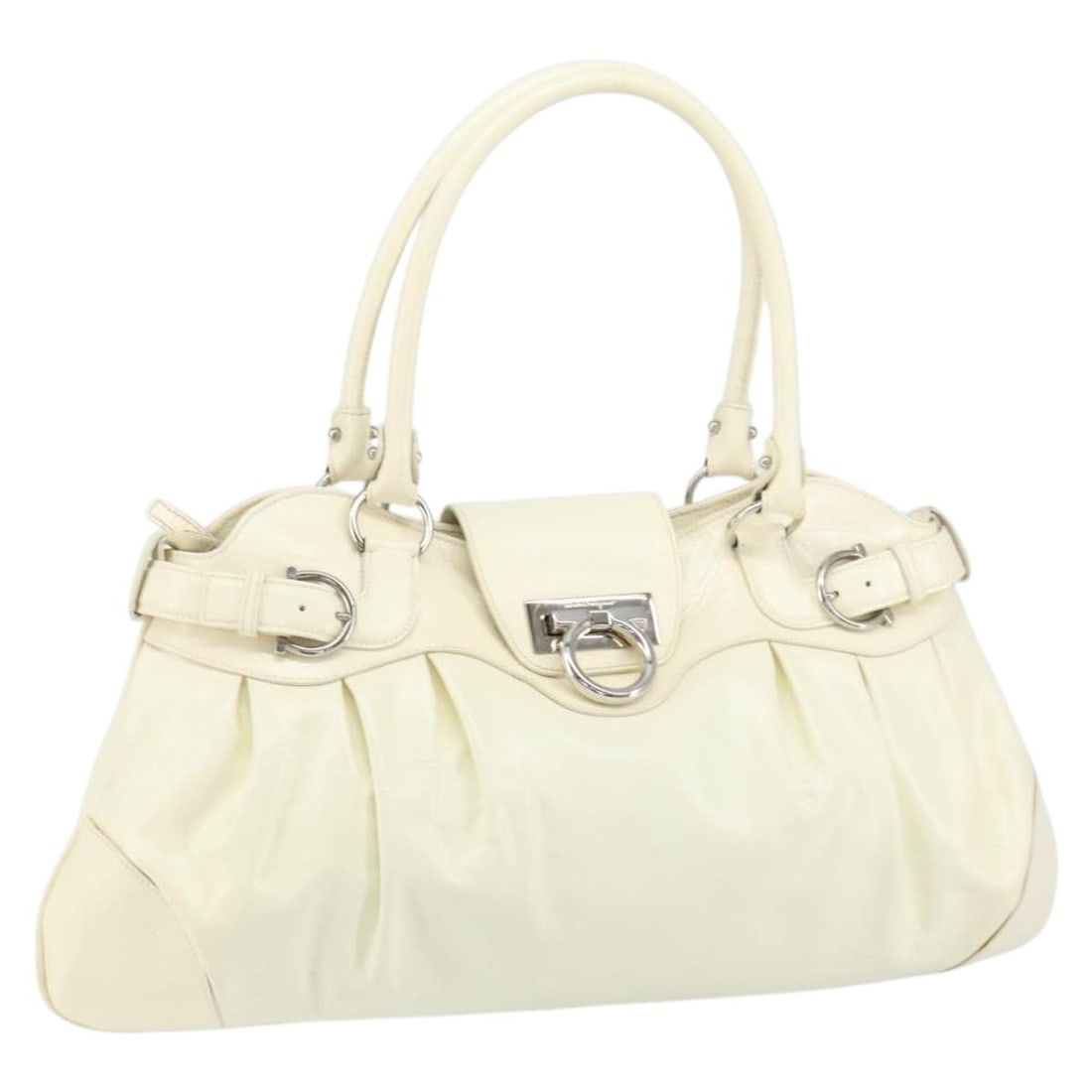 Salvatore Ferragamo Gancini Leather Tote Bag Silver White Authentic (1 of 18)