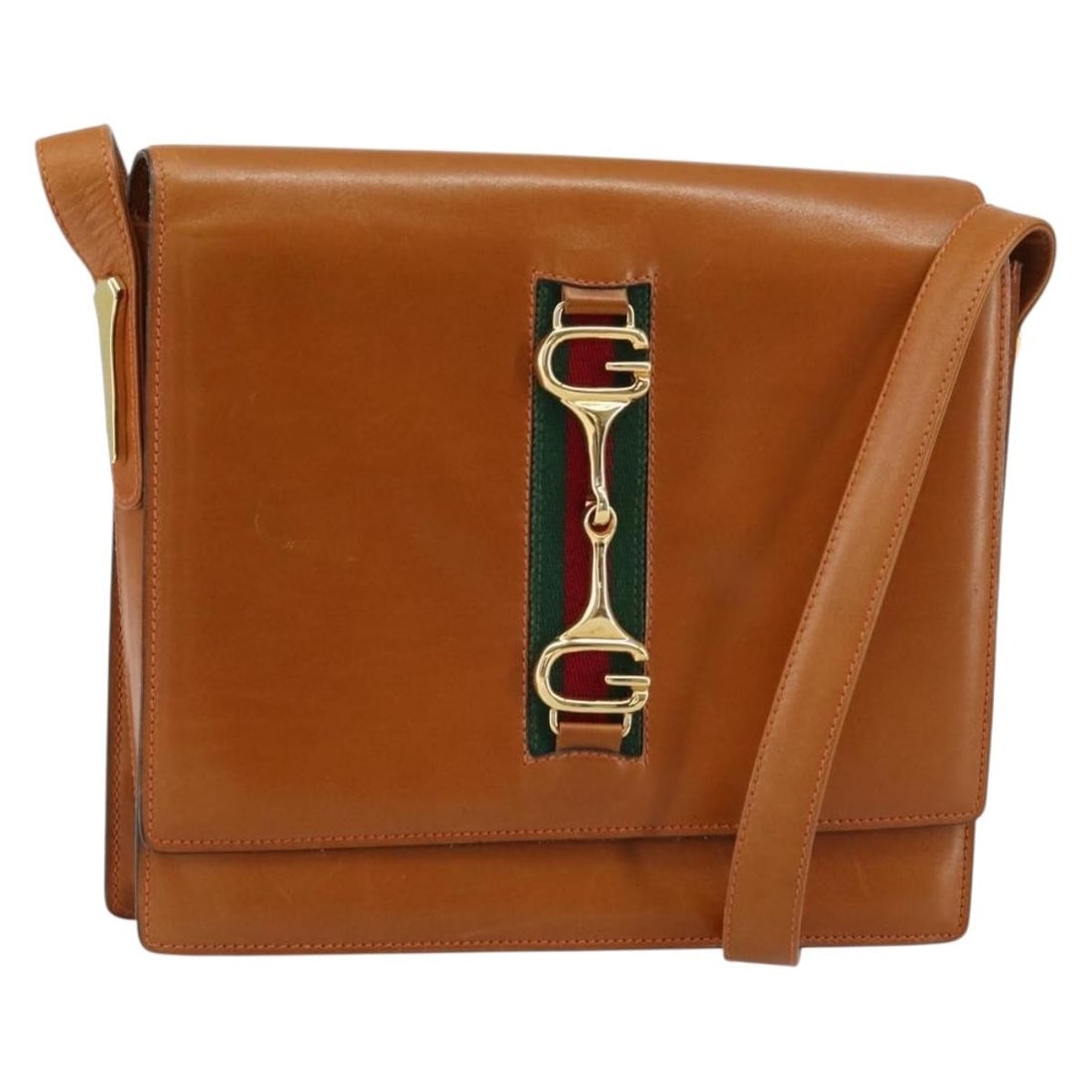Gucci Sherry Line Brown Leather Horsebit Shoulder Bag Red Gold Accents: Gucci Sherry Line Brown Leather Horsebit Shoulder Bag Red Gold Accents This is a Gucci Web Sherry Line Horsebit shoulder bag crafted from brown leather with red and gold accents. Made in Italy, the ba
