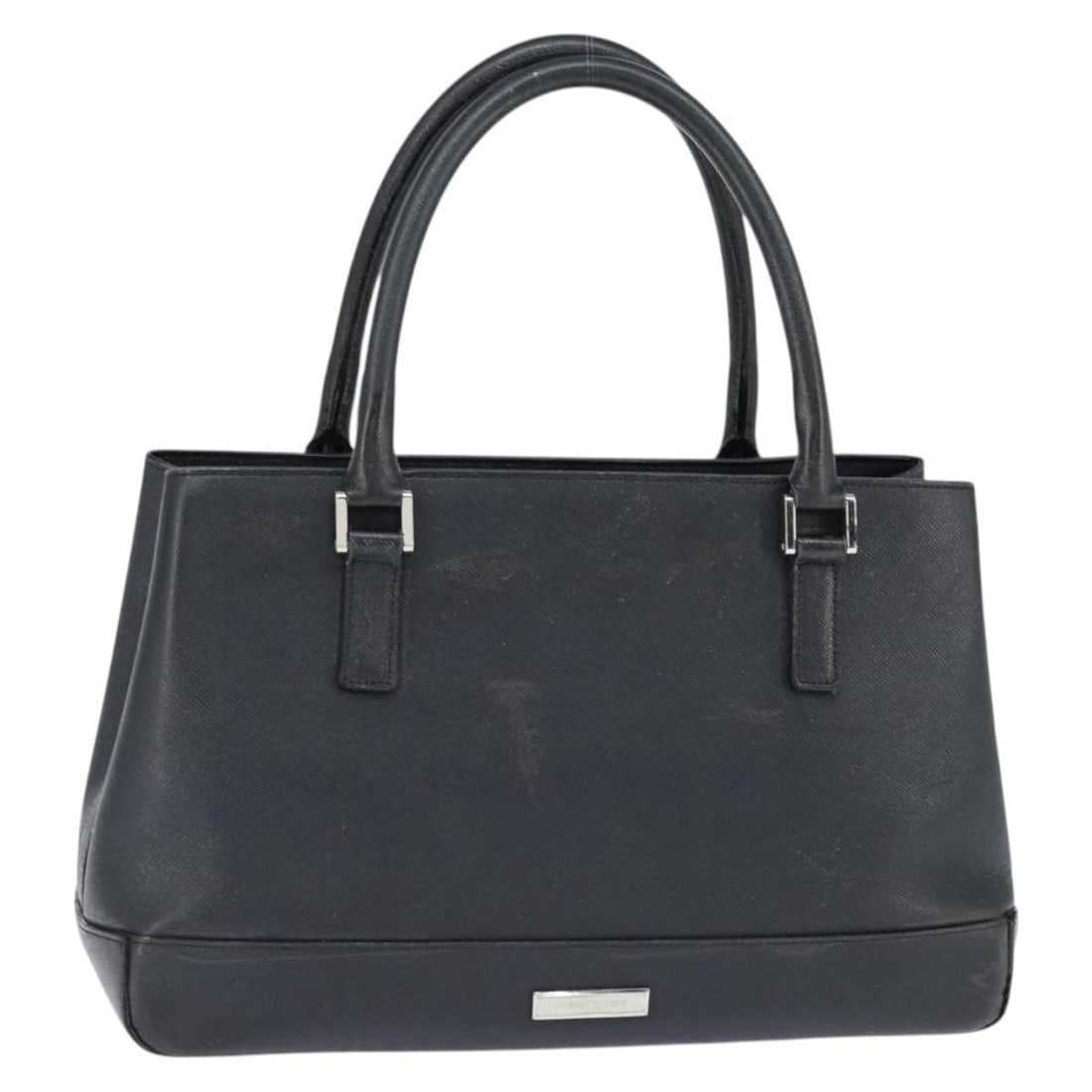 BURBERRY Black Leather Hand Bag with Silver Accents Auth bs30441: BURBERRY Black Leather Hand Bag with Silver Accents Auth bs30441 This Burberry hand bag is crafted from high-quality leather, featuring a sophisticated black and silver color combination. The bag meas
