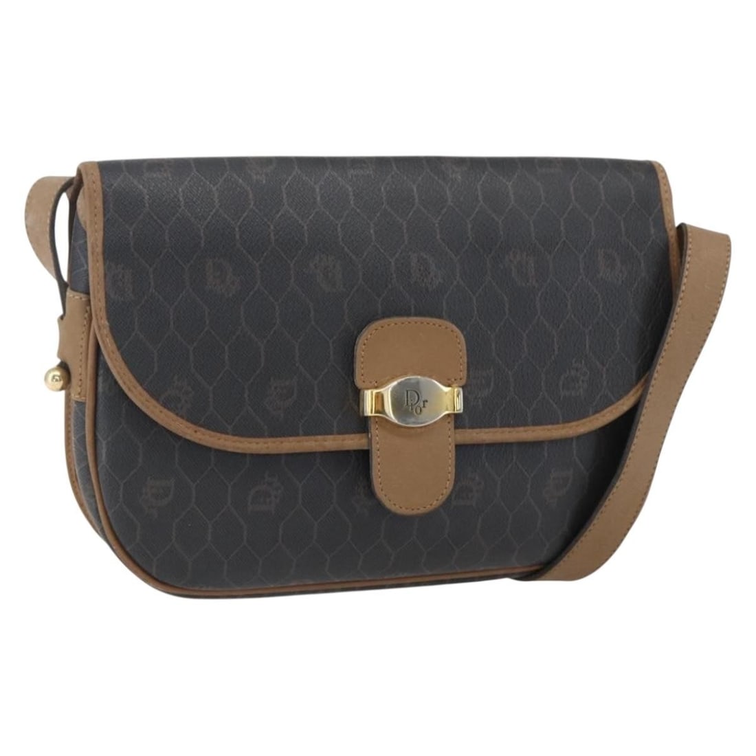 Brown Gold Honeycomb Canvas PVC Shoulder Bag by Christian Dior: Brown Gold Honeycomb Canvas PVC Shoulder Bag by Christian Dior This Christian Dior shoulder bag features a brown and gold honeycomb canvas with PVC leather exterior. It offers a compact design ideal f