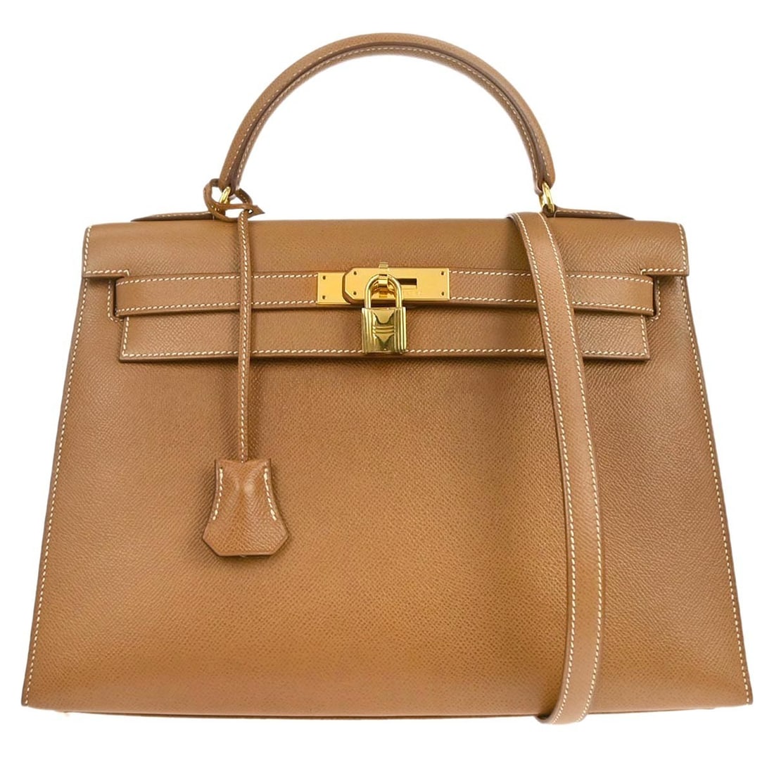 Kelly 32 Brown Leather Sellier Top Handle Bag with Detachable Strap by Hermes: Kelly 32 Brown Leather Sellier Top Handle Bag with Detachable Strap by Hermes This Hermes Kelly 32 Sellier handbag is crafted from brown Courchevel leather and features a medium-sized structured silho