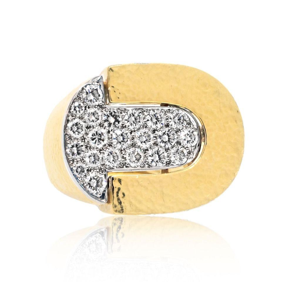 David Webb Platinum 18K Yellow Gold Pave Diamond Hammered Cocktail Ring: David Webb Platinum 18K Yellow Gold Pave Diamond Hammered Cocktail Ring This exquisite David Webb cocktail ring is crafted from a luxurious combination of platinum and 18K yellow gold. The ring featur