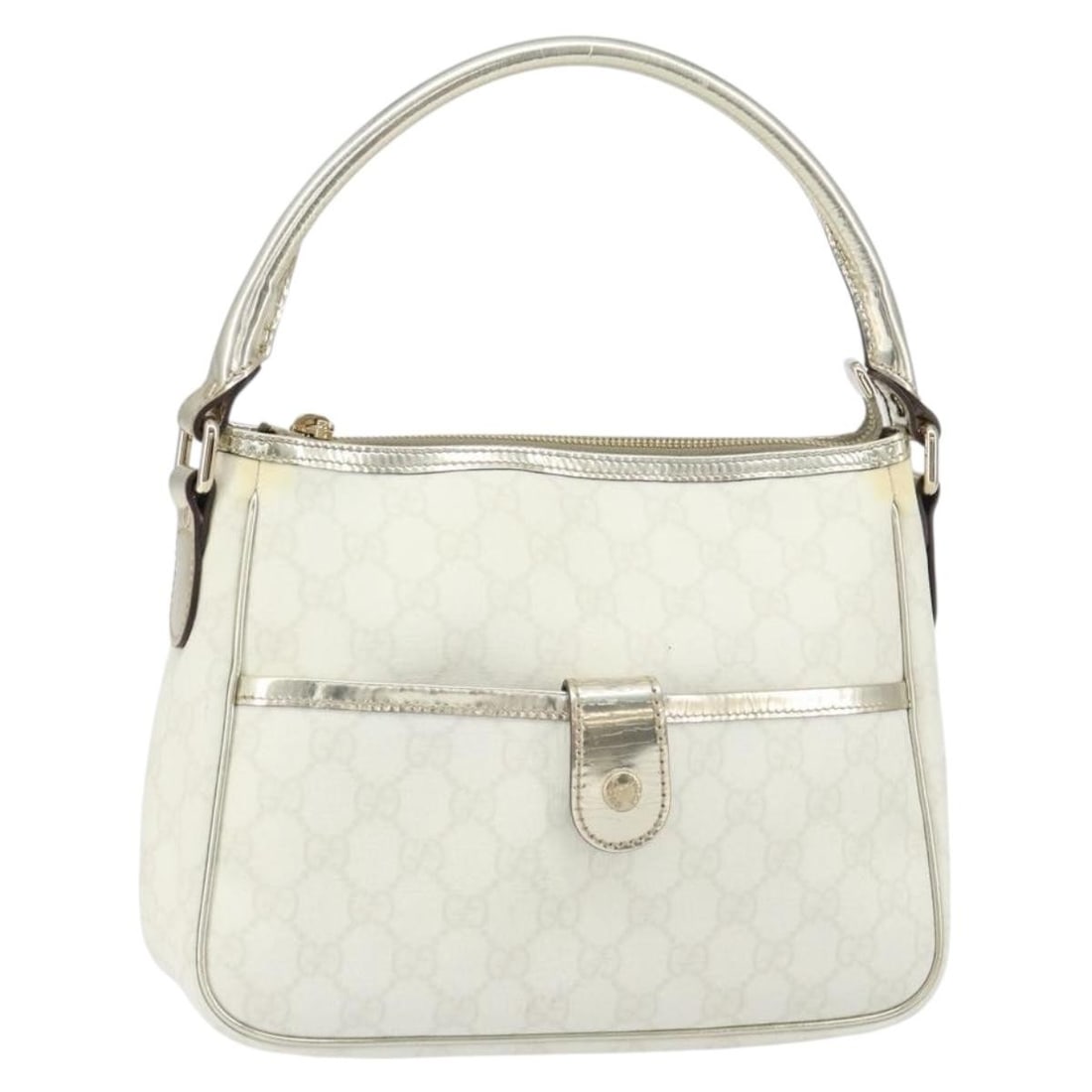 White and Gold GG Supreme PVC Leather Handbag by Gucci Model 190258: White and Gold GG Supreme PVC Leather Handbag by Gucci Model 190258 This is a Gucci GG Supreme hand bag crafted from PVC leather and GG canvas in white and gold tones. Made in Italy, this handbag feat