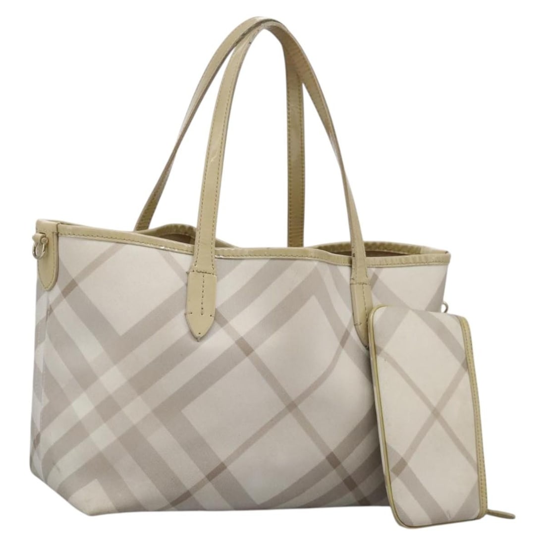 Beige PVC Nova Check Tote with Pouch by Burberry: Beige PVC Nova Check Tote with Pouch by Burberry This BURBERRY Nova Check tote bag features the iconic beige check pattern in durable PVC leather. Designed for women, it offers ample carrying capacity