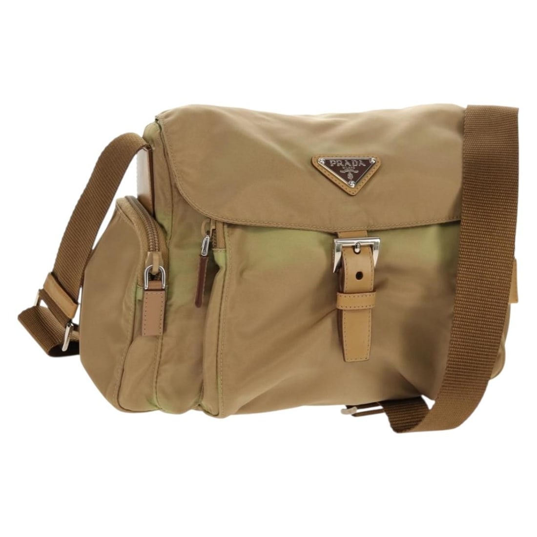 Nylon Khaki Silver Prada Shoulder Bag from Italy: Nylon Khaki Silver Prada Shoulder Bag from Italy This authentic PRADA shoulder bag is crafted from khaki nylon with silver-tone accents. Made in Italy, it features a spacious main compartment, an adju