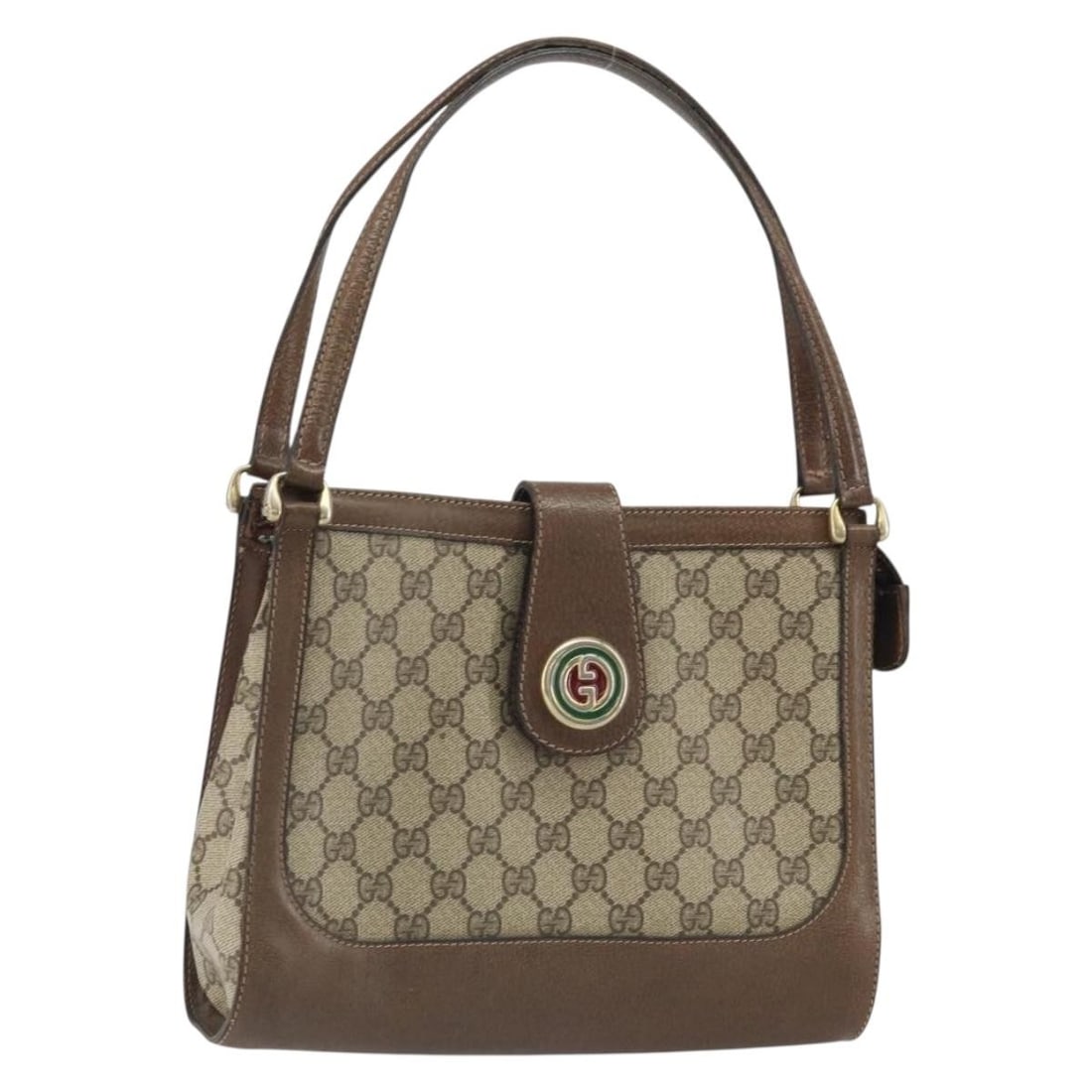 Beige and Gold GG Supreme Shoulder Bag by Gucci in PVC Leather: Beige and Gold GG Supreme Shoulder Bag by Gucci in PVC Leather This is a Gucci GG Supreme shoulder bag crafted from beige and gold PVC leather with GG canvas accents. Made in Italy, the bag features a