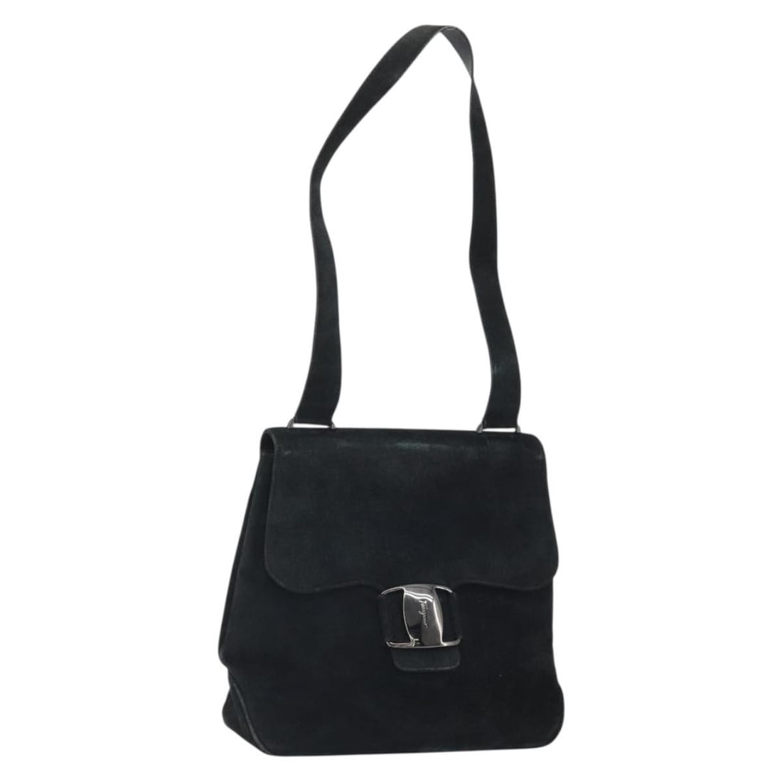 Black Suede Salvatore Ferragamo Vala Shoulder Bag Silver Hardware: Black Suede Salvatore Ferragamo Vala Shoulder Bag Silver Hardware This is a Salvatore Ferragamo Vala shoulder bag crafted from black suede with silver-tone accents. The bag features a structured silho
