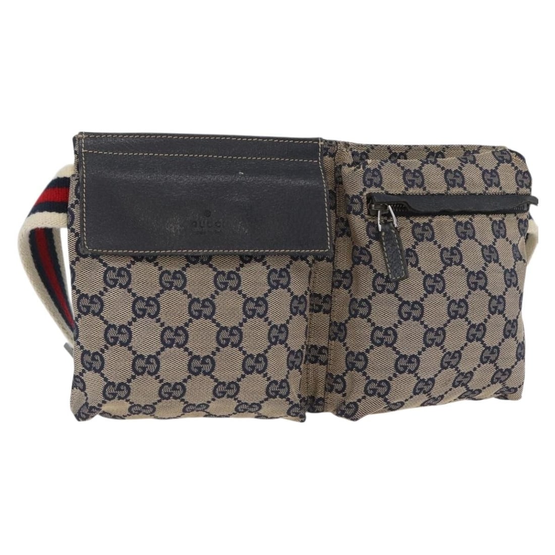 Gucci GG Canvas Navy Red Sherry Line Women's Waist Bag 28566 Italy: Gucci GG Canvas Navy Red Sherry Line Women's Waist Bag 28566 Italy This GUCCI GG Canvas Sherry Line waist bag features a navy, silver, and red color scheme with the signature GG canvas exterior. Desig