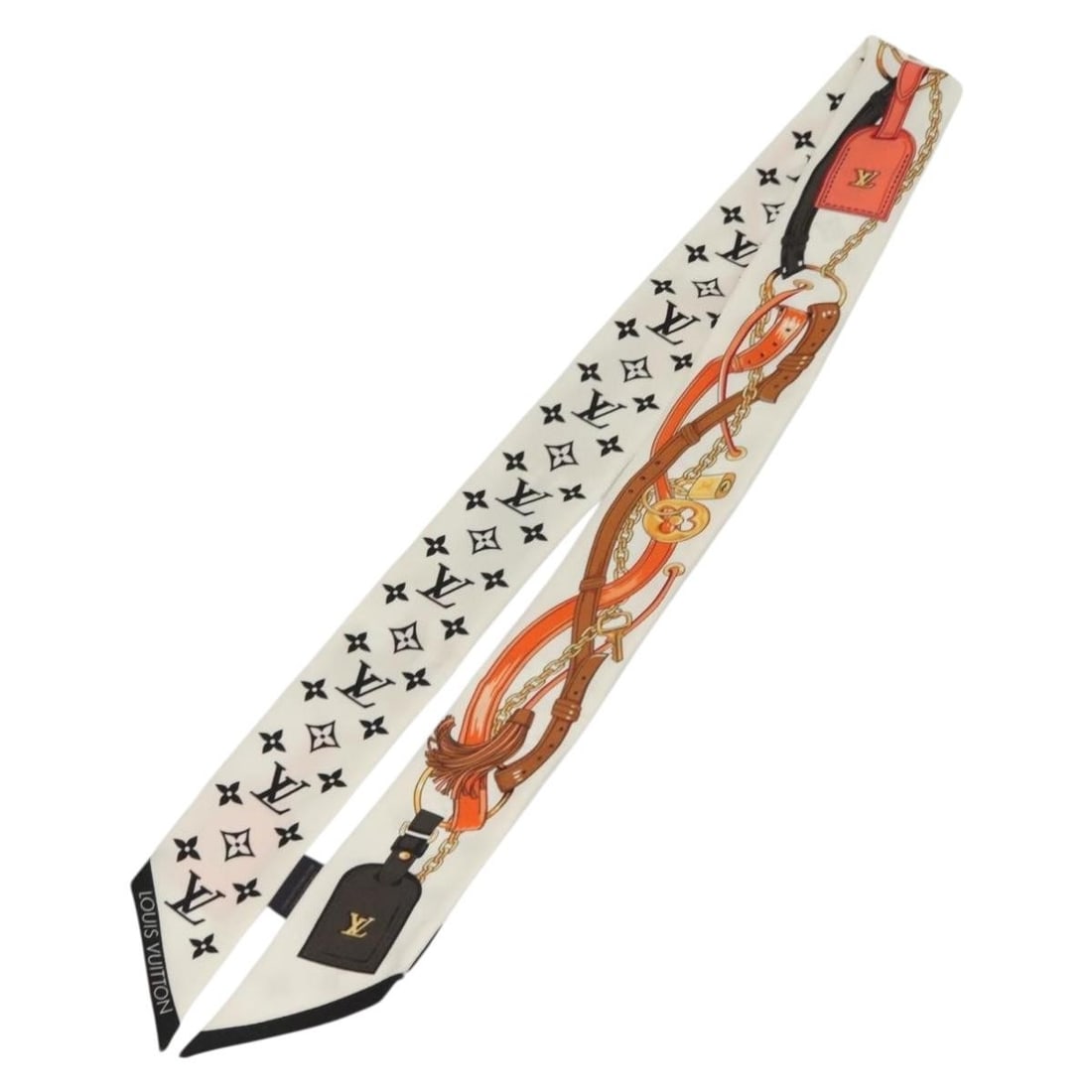 LOUIS VUITTON M90658 Silk Scarf White Flower Straps Made in Italy: LOUIS VUITTON M90658 Silk Scarf White Flower Straps Made in Italy Elevate your accessory collection with this elegant Louis Vuitton Flower and Straps Bando BB Scarf, crafted from luxurious silk in a p