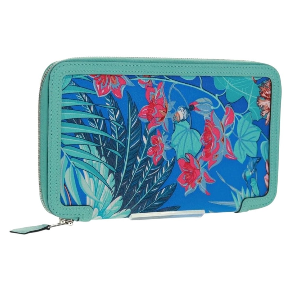 Blue Silk Flamingo Party Long Wallet by Hermes with Box: Blue Silk Flamingo Party Long Wallet by Hermes with Box This Hermes Sokwar Flamingo Party long wallet features a blue silk exterior and a sleek, elongated design. Made in France, it comes with its ori